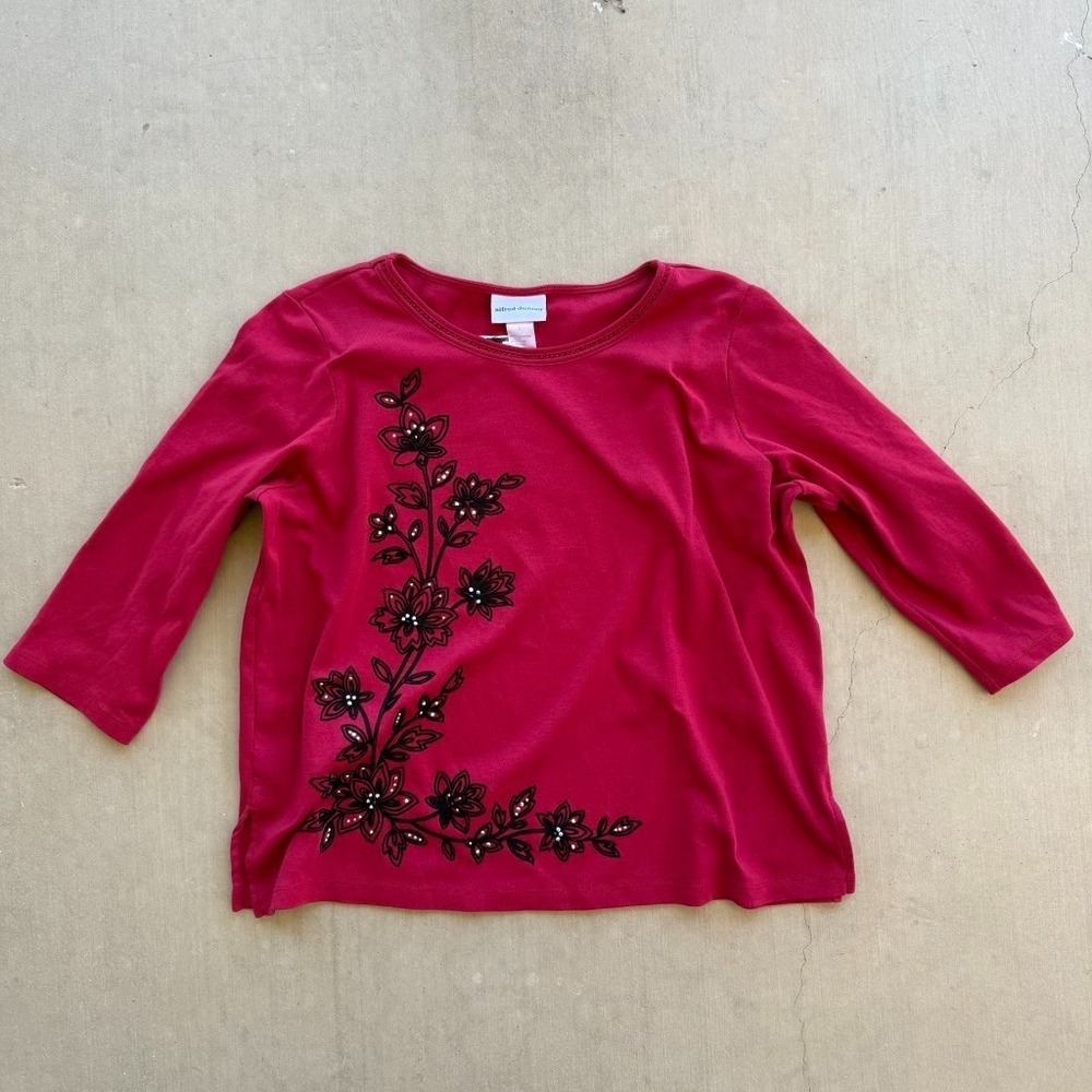 Alfred Dunner Top Womens Large Red Floral Embroidered 3/4 Sleeve Shirt